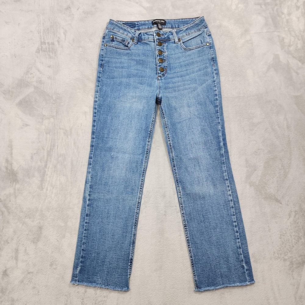 Kenneth Cole Jeans Womens 8 Blue High Rise Straight Button Fly Raw Hem Stretch